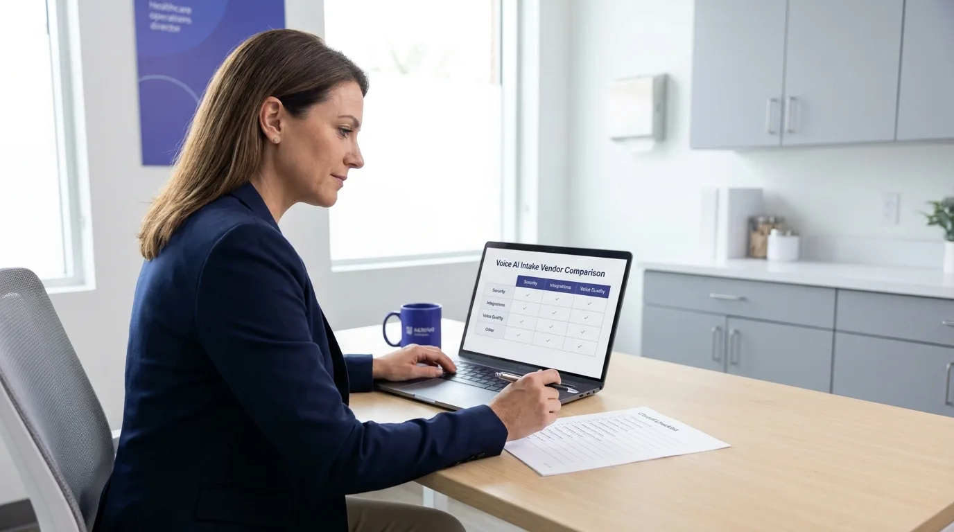 Professional evaluating voice AI intake vendor proposals with a checklist