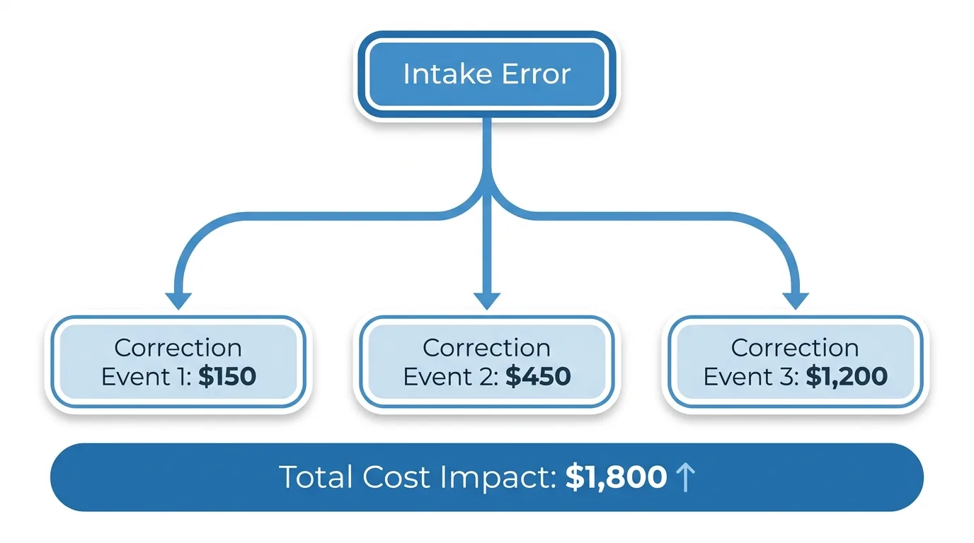 Intake error cascade diagram showing downstream cost multiplication